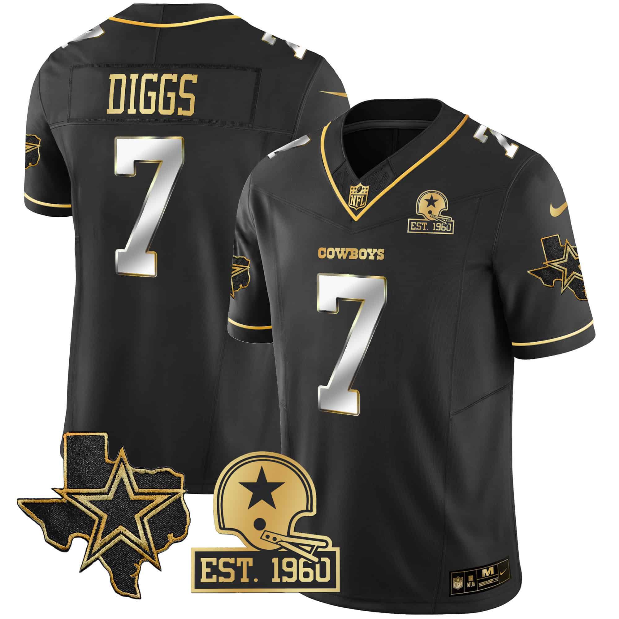 Men Dallas Cowboys #7 Diggs Black Gold 2024 Nike Patch Vapor NFL Jersey style 2